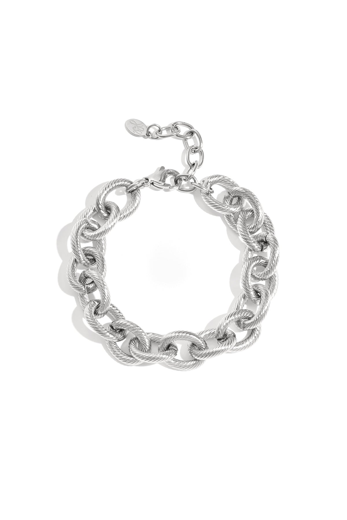 Silver twisted link chain bracelet laid flat featuring lobster clasp and extender chain