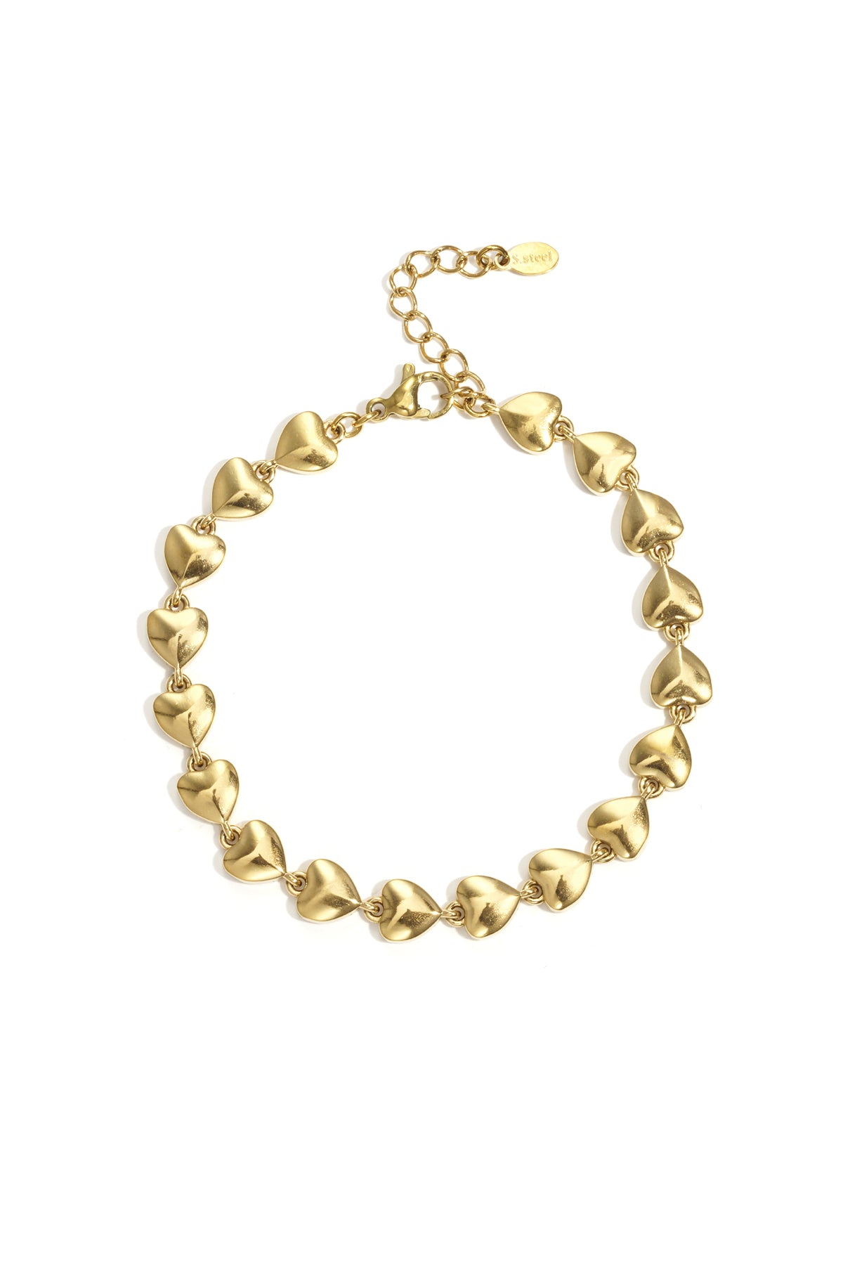Gold-color chain bracelet featuring linked three-dimensional heart shapes on white background