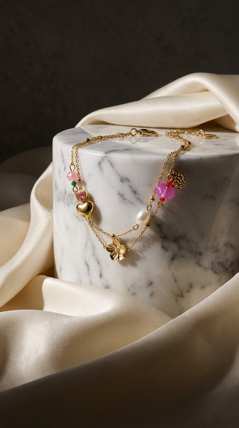 Gold-tone double-chain charm bracelet with heart, flower, pearl, and pink gemstone accents on a marble pedestal.