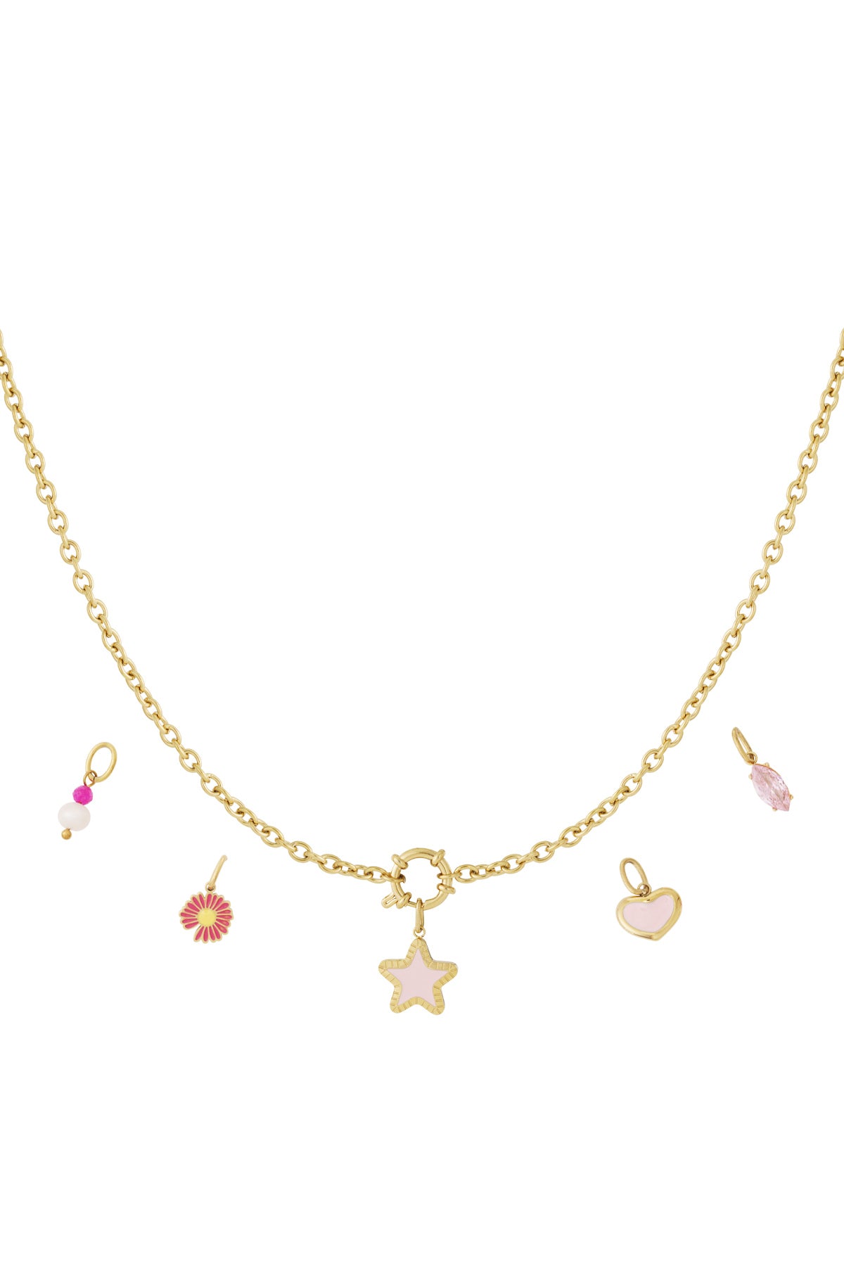 Gold-plated necklace featuring a pink enamel star pendant and four additional interchangeable charms including a pink heart, flower, beads, and pink gemstone against a white background