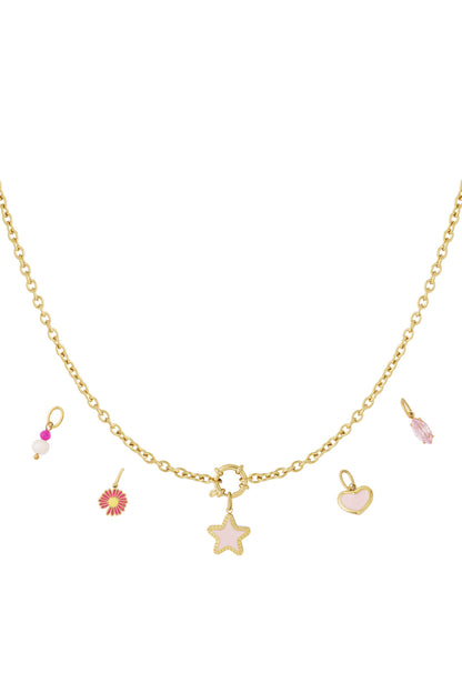 Gold-plated necklace featuring a pink enamel star pendant and four additional interchangeable charms including a pink heart, flower, beads, and pink gemstone against a white background