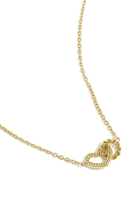 Gold Heart Link Drop necklace featuring a textured, intertwined heart pendant on a delicate cable chain.