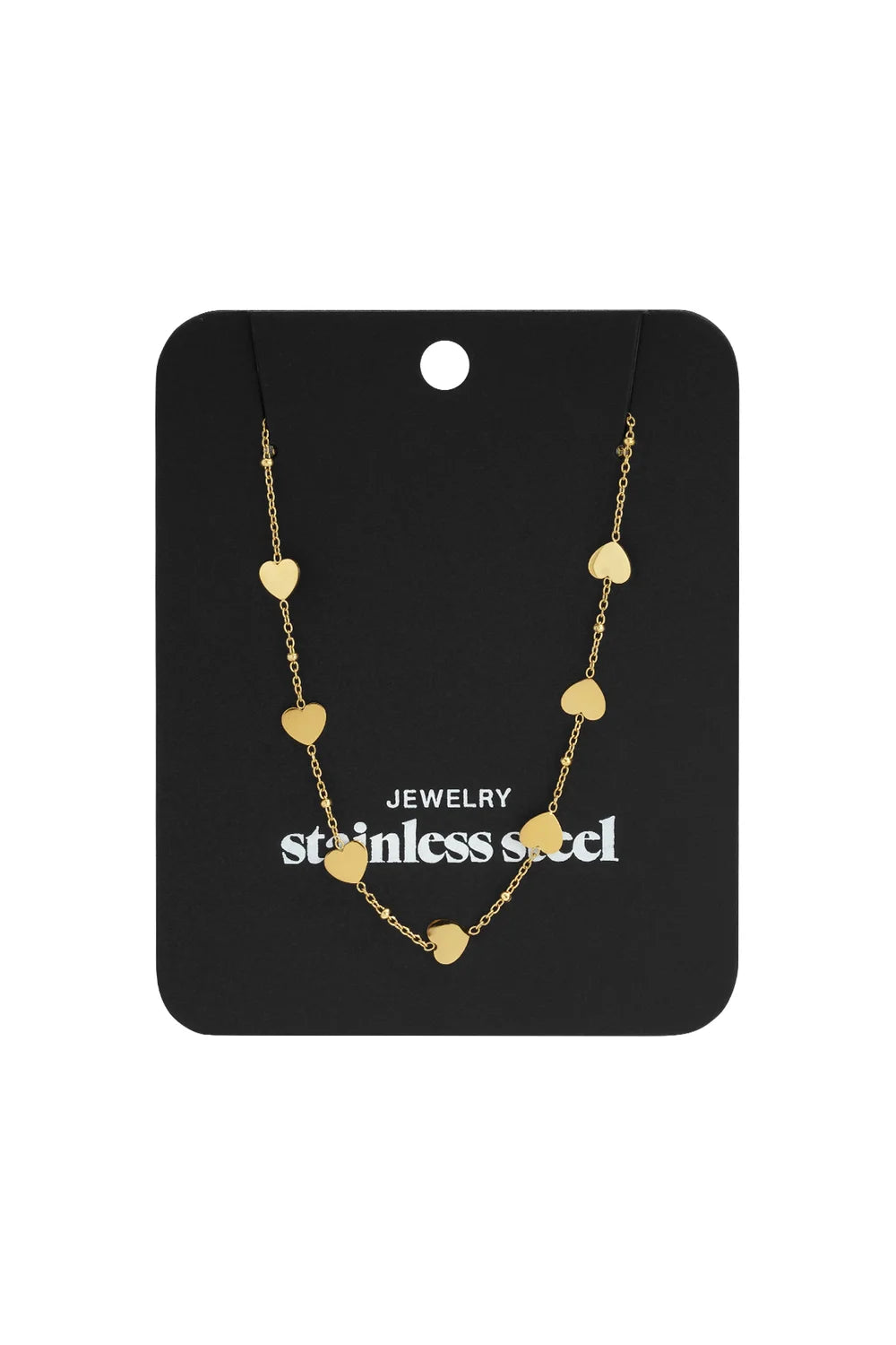 Gold-tone stainless steel chain necklace featuring dainty heart charms and small beads, displayed on a black card.