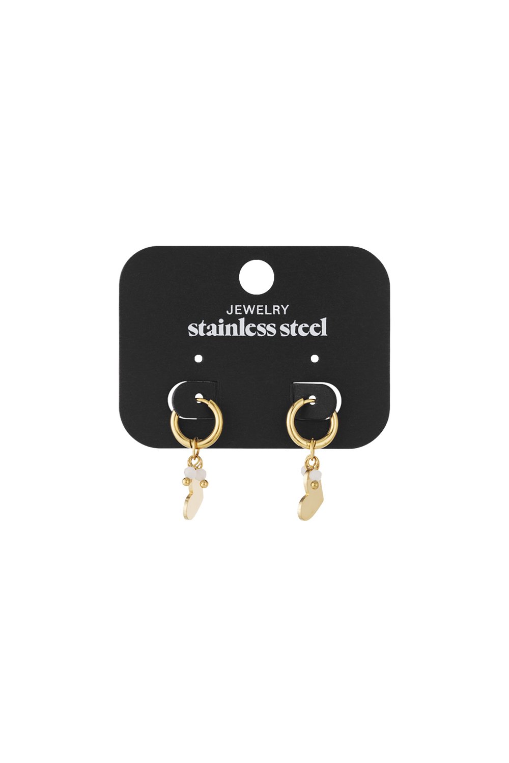 Gold-tone stainless steel hoop earrings featuring dangling heart charms with small white accents on a display card.