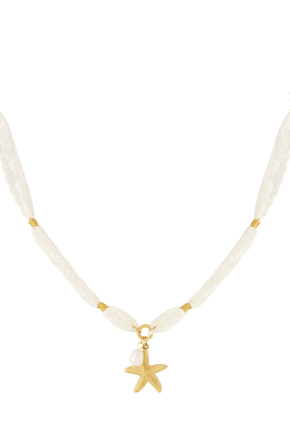 Cream lace necklace with gold-tone starfish and pearl charm on white background