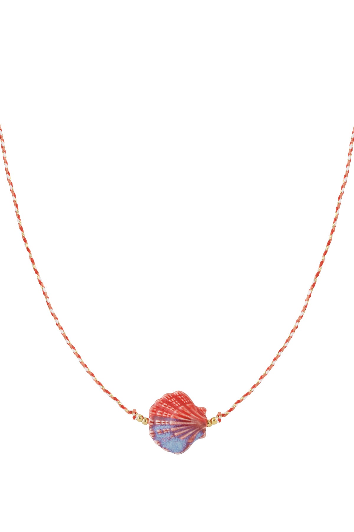 Close-up of coral red and blue seashell ceramic pendant on braided red and gold cord necklace