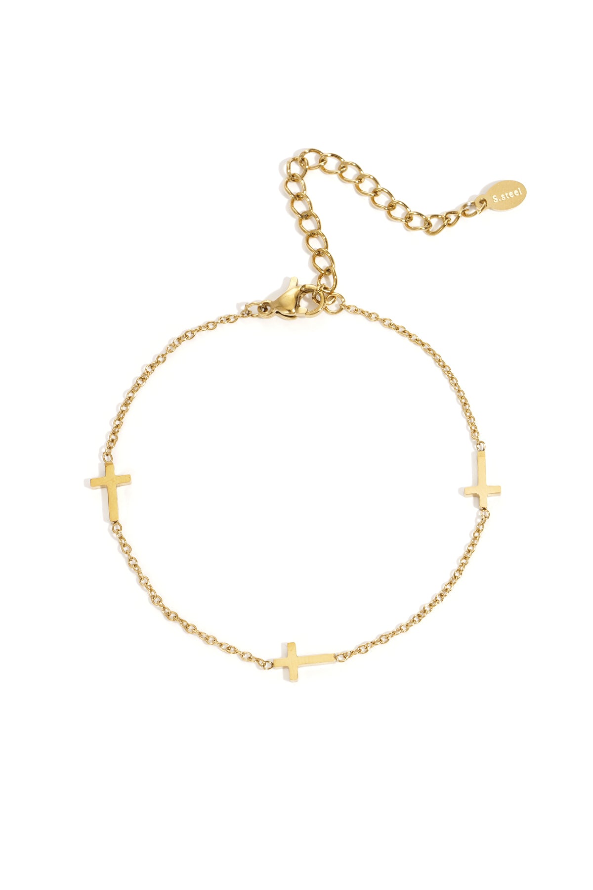 Gold stainless steel delicate chain bracelet with three small cross charms and an adjustable clasp.