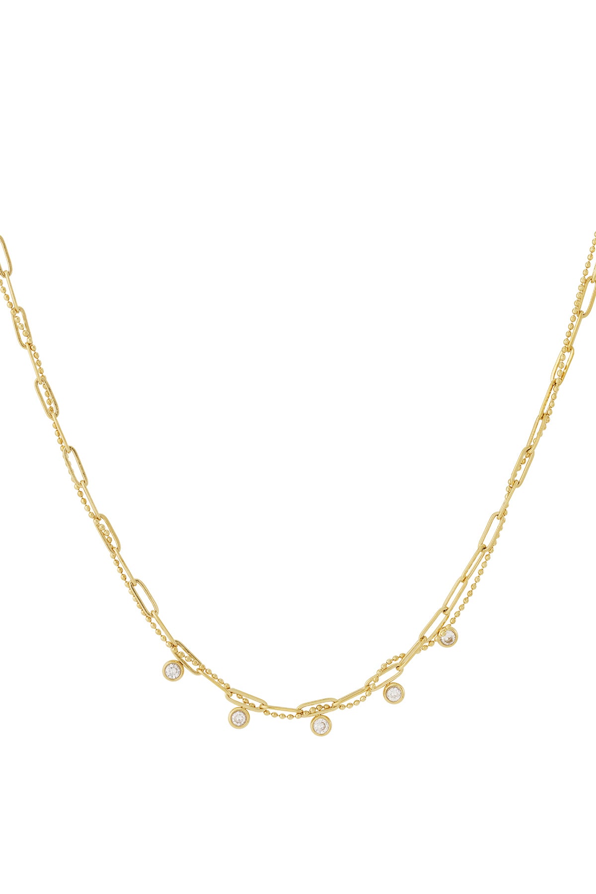 Close-up of a delicate layered necklace featuring small rectangular gold links and five hanging round gemstone charms on a white background.