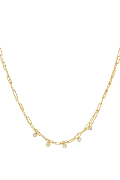 Close-up of a delicate layered necklace featuring small rectangular gold links and five hanging round gemstone charms on a white background.