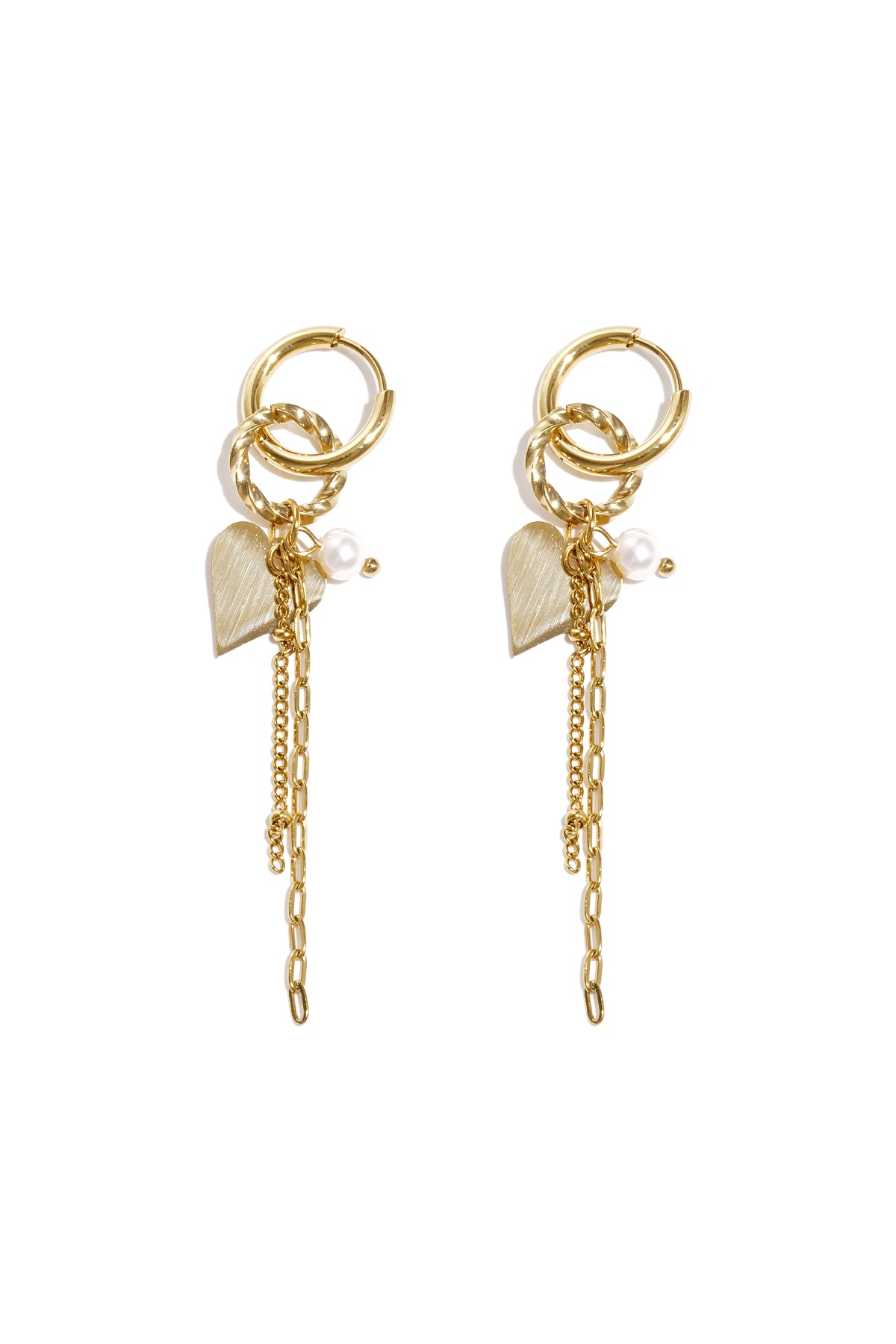 Pair of gold dangle hoop earrings with heart charms, pearls, and chain details against a white background