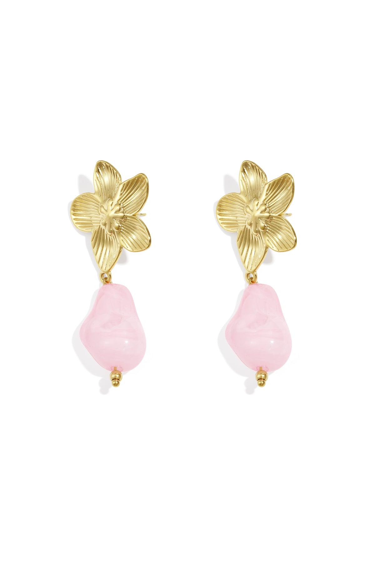 Pair of gold-tone flower drop earrings with light blue organic acrylic bead on white background