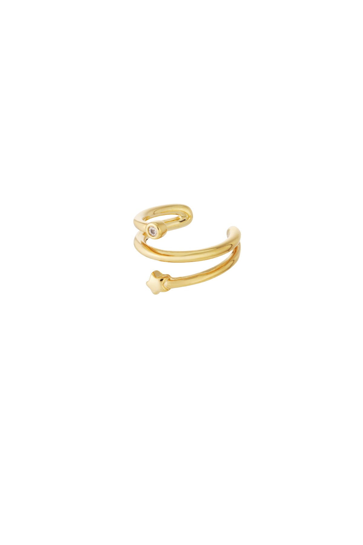 Close-up of gold double spiral ear cuff featuring a small star and rhinestone detail on white background