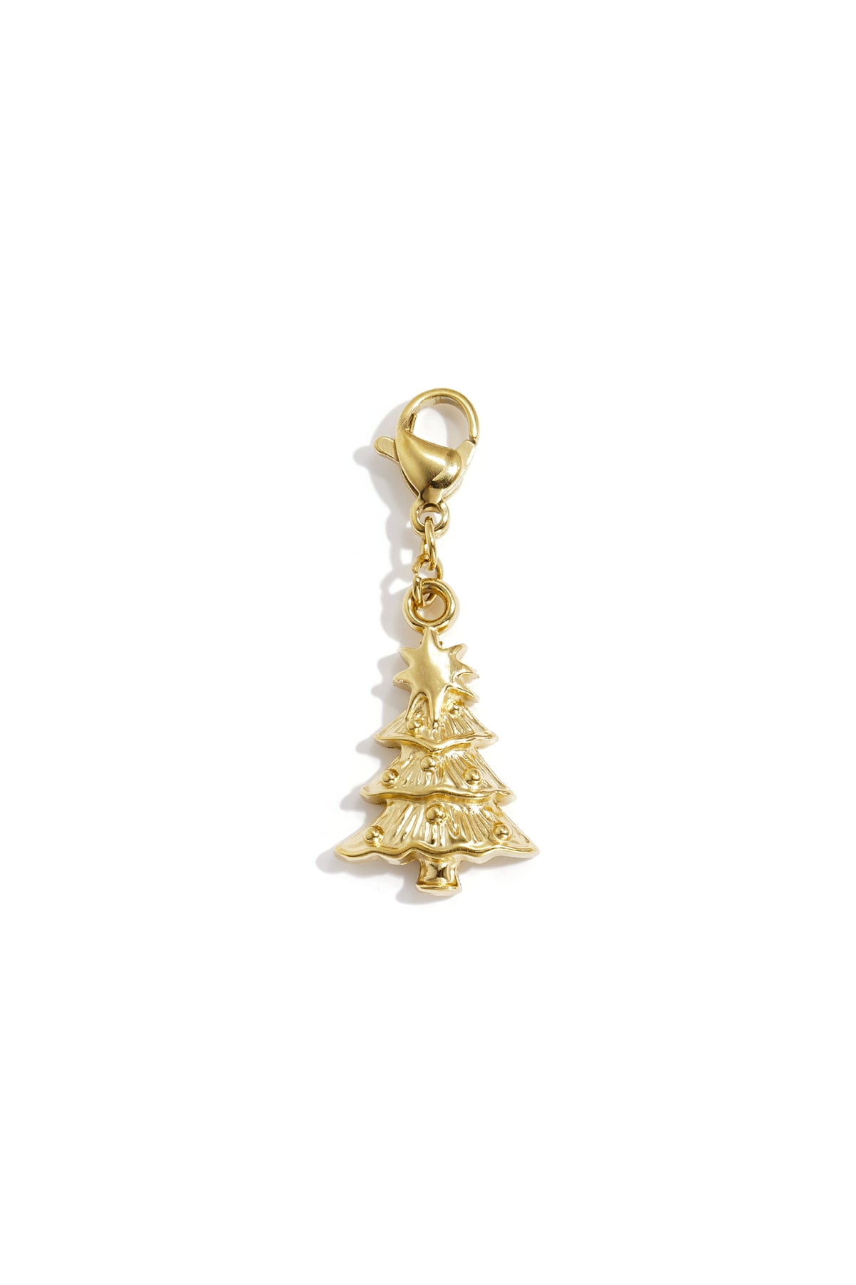 Gold tone lobster clasp Christmas tree charm with star and baubles on plain white background