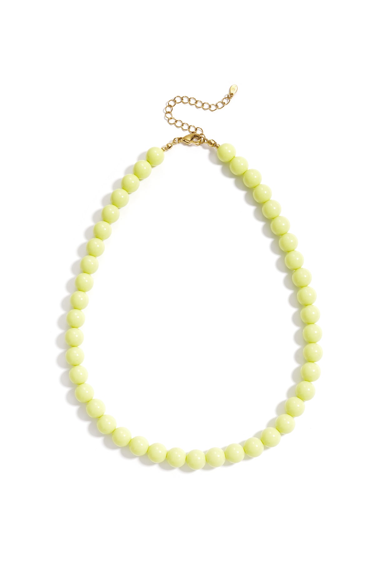 A necklace of round, lime-green resin beads with gold-tone hardware and an adjustable chain clasp against a white background.