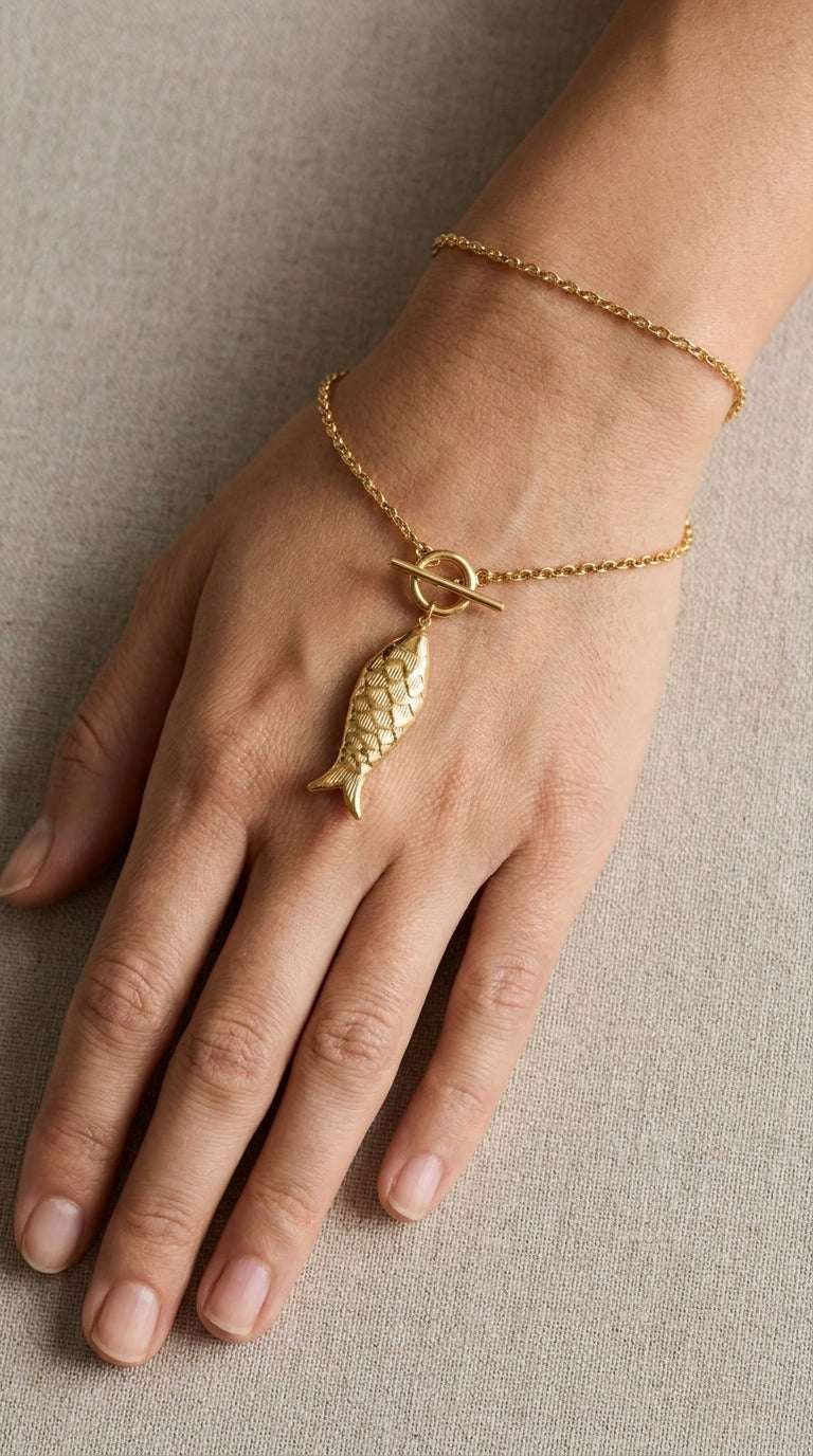 Catching Vibes gold-tone necklace featuring a textured fish pendant on a delicate chain with a T-bar toggle clasp.