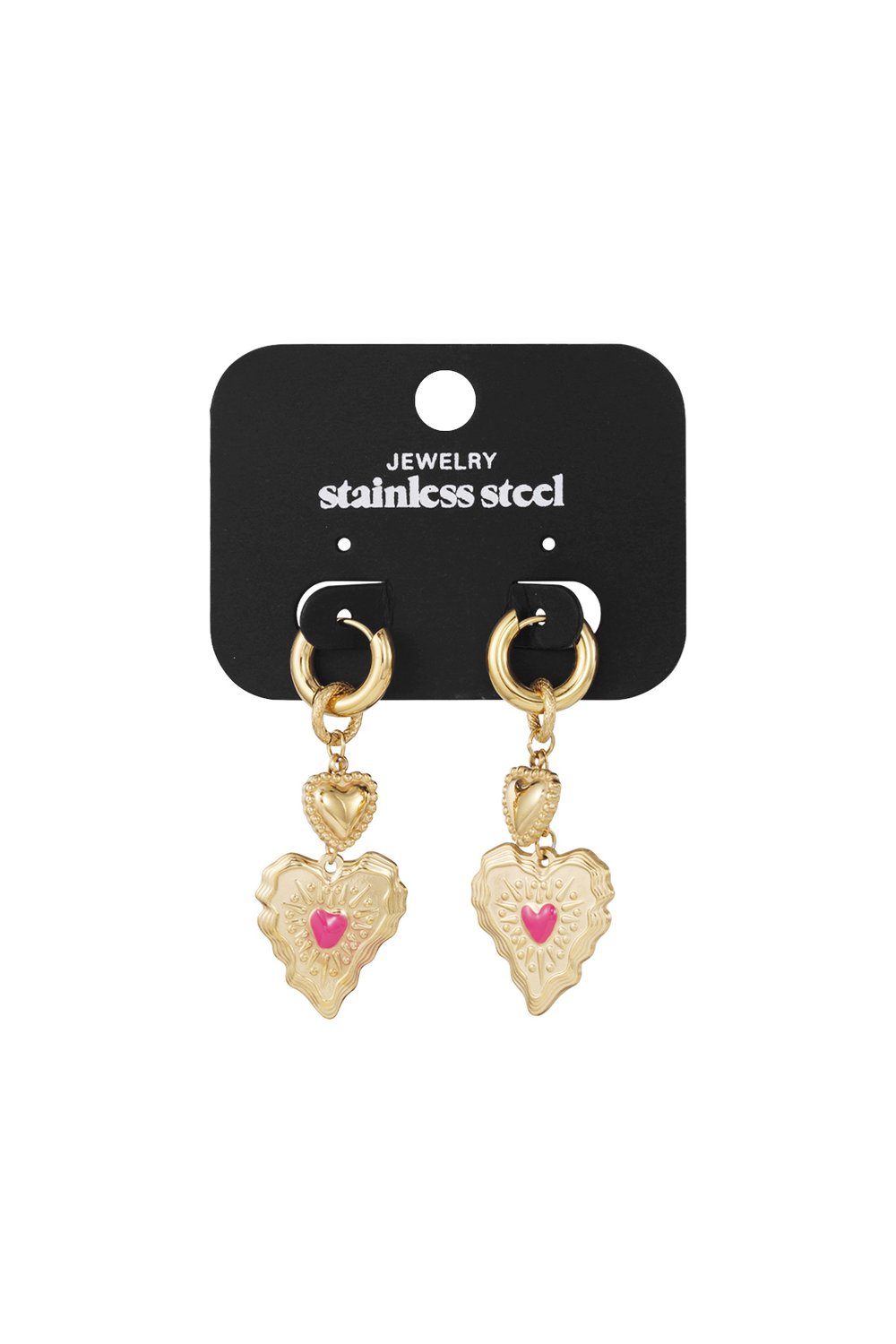 Gold stainless steel hoop earrings featuring sculpted heart charms with a small pink enamel heart inlay.