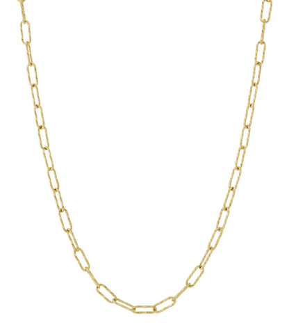 Close-up of gold-colored textured rectangular link chain necklace on white background
