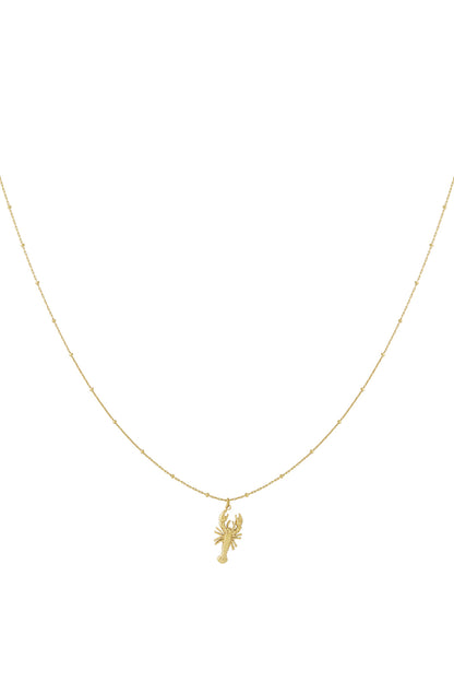 Gold delicate lobster pendant necklace on a thin beaded chain isolated on white background