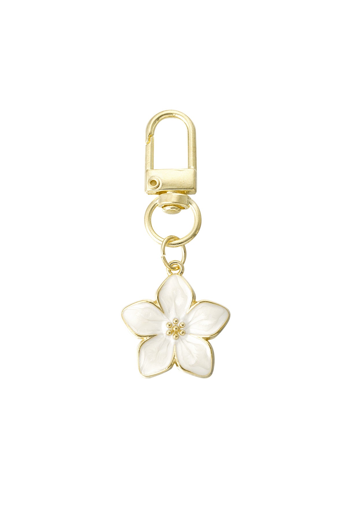 Gold alloy keyring with white enamel blossom flower charm on white background