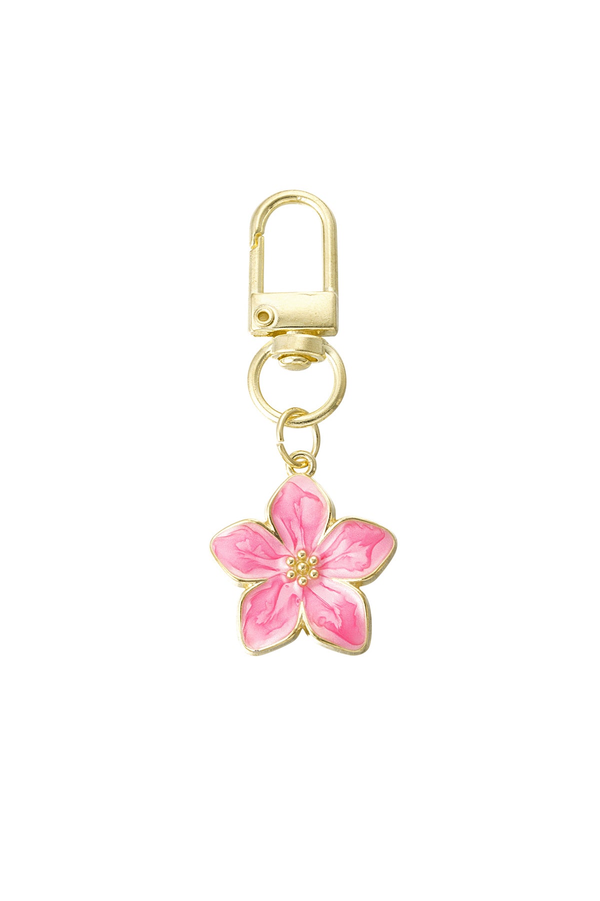 Gold alloy keyring with bright pink enamel blossom flower charm on clean white background