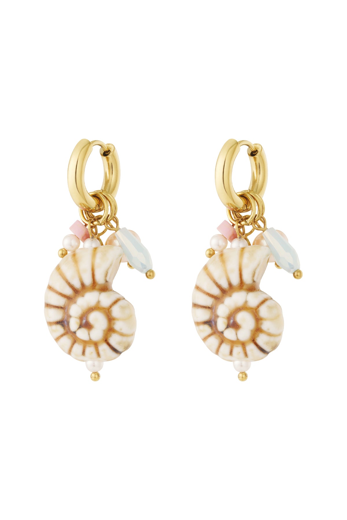Pair of gold hoop earrings with hanging beige and brown seashell charms accented with small pastel pink and blue beads and pearls on a white background.