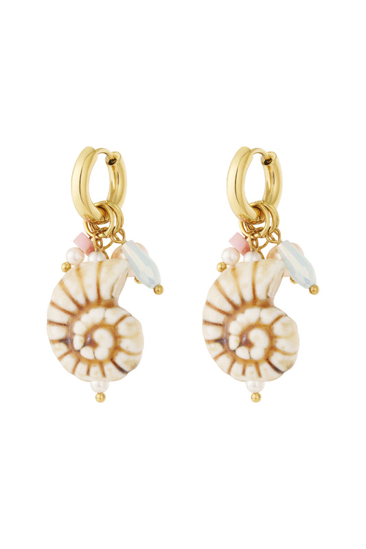 Pair of gold hoop earrings with hanging beige and brown seashell charms accented with small pastel pink and blue beads and pearls on a white background.