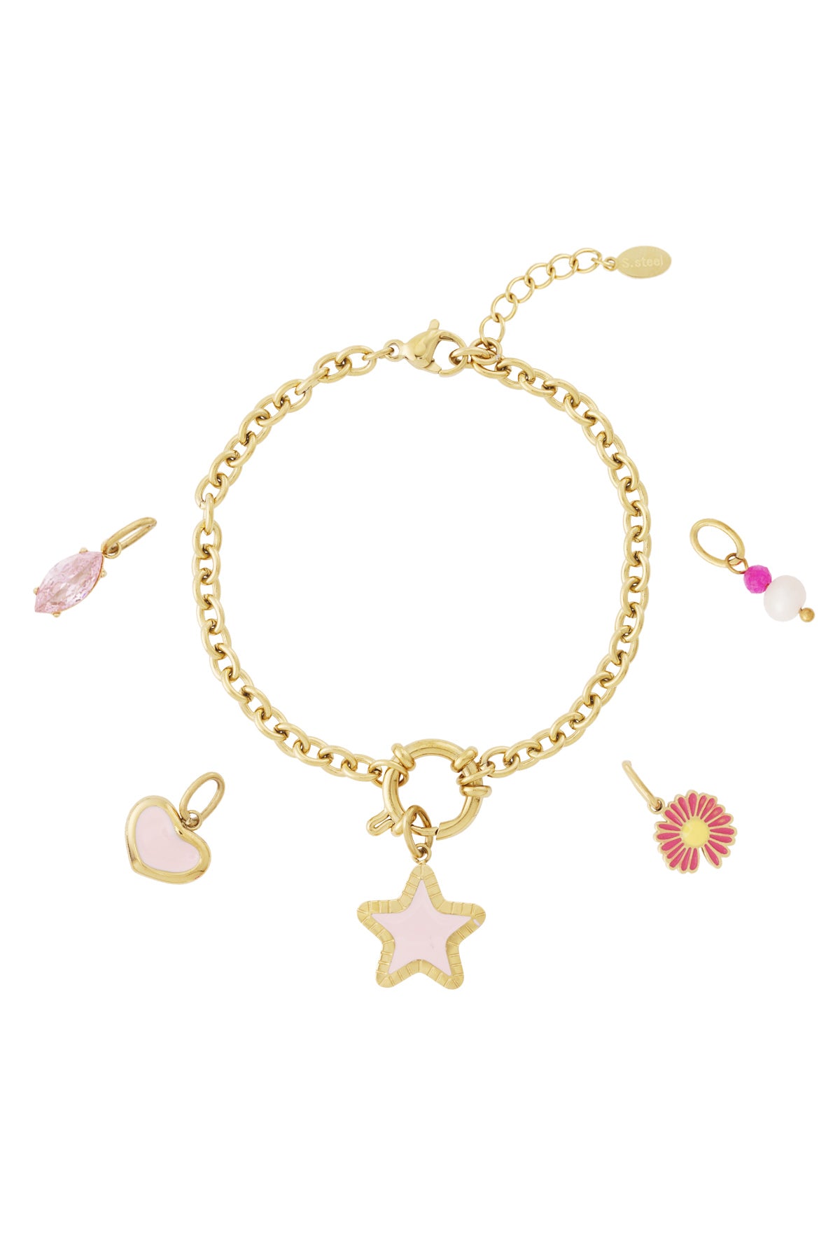 Gold chain charm bracelet with five detachable pink and gold charms including star, heart, flower, gem, and pearl