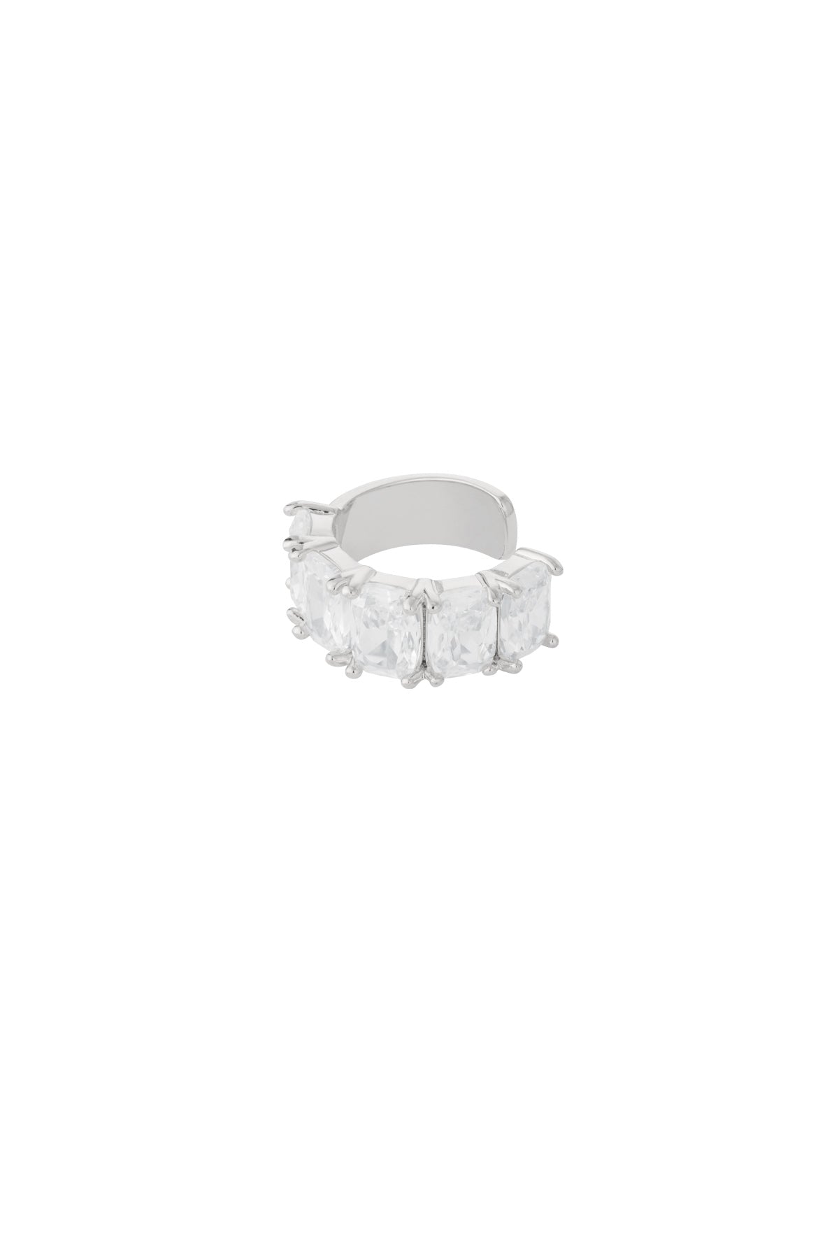 Silver-tone ear cuff with five large clear rectangular stones set in prongs, isolated on white background