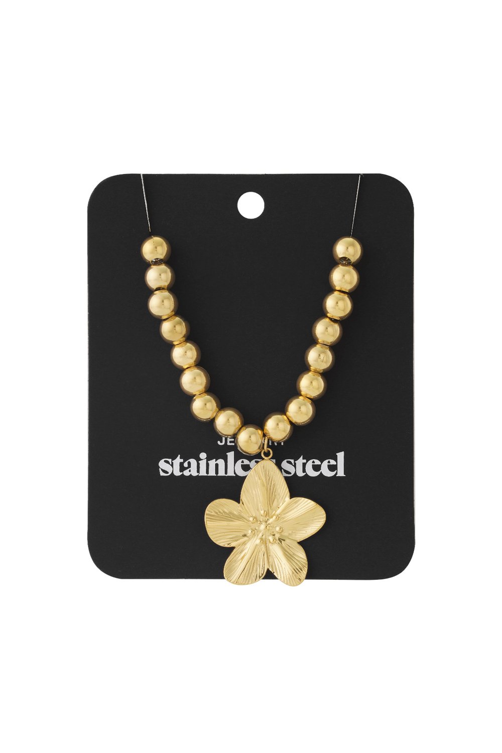 Gold-tone stainless steel necklace with round hollow beads and a textured, five-petal flower pendant on a display card.