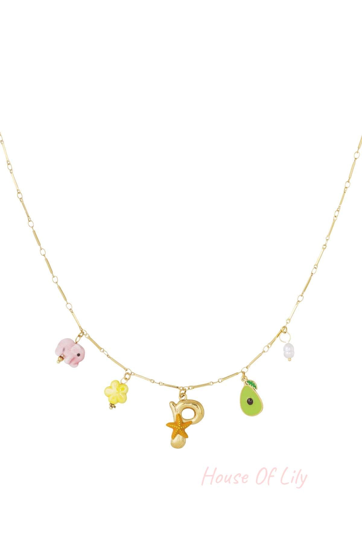 Gold chain necklace featuring letter P charm with starfish, elephant, flower, avocado, and pearl charms.