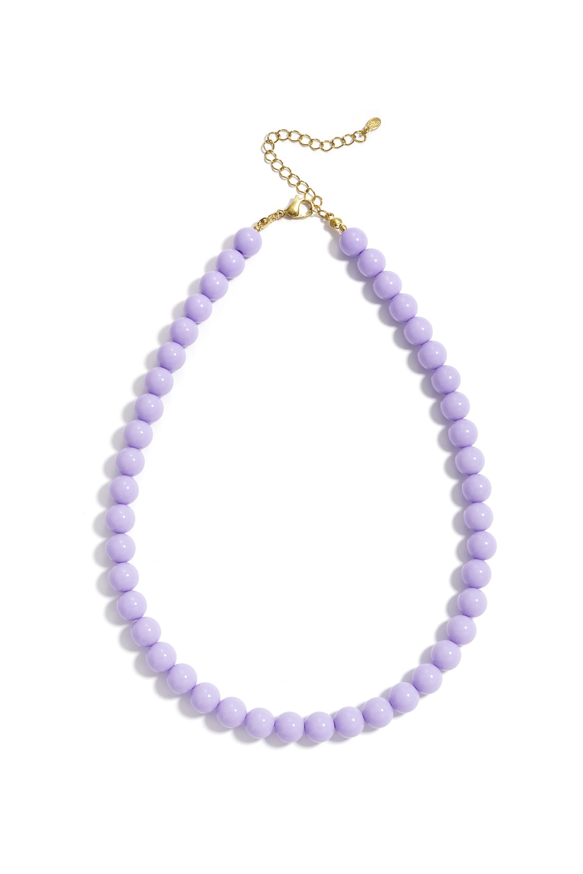 Light green resin beaded necklace with gold lobster claw clasp shown on white background