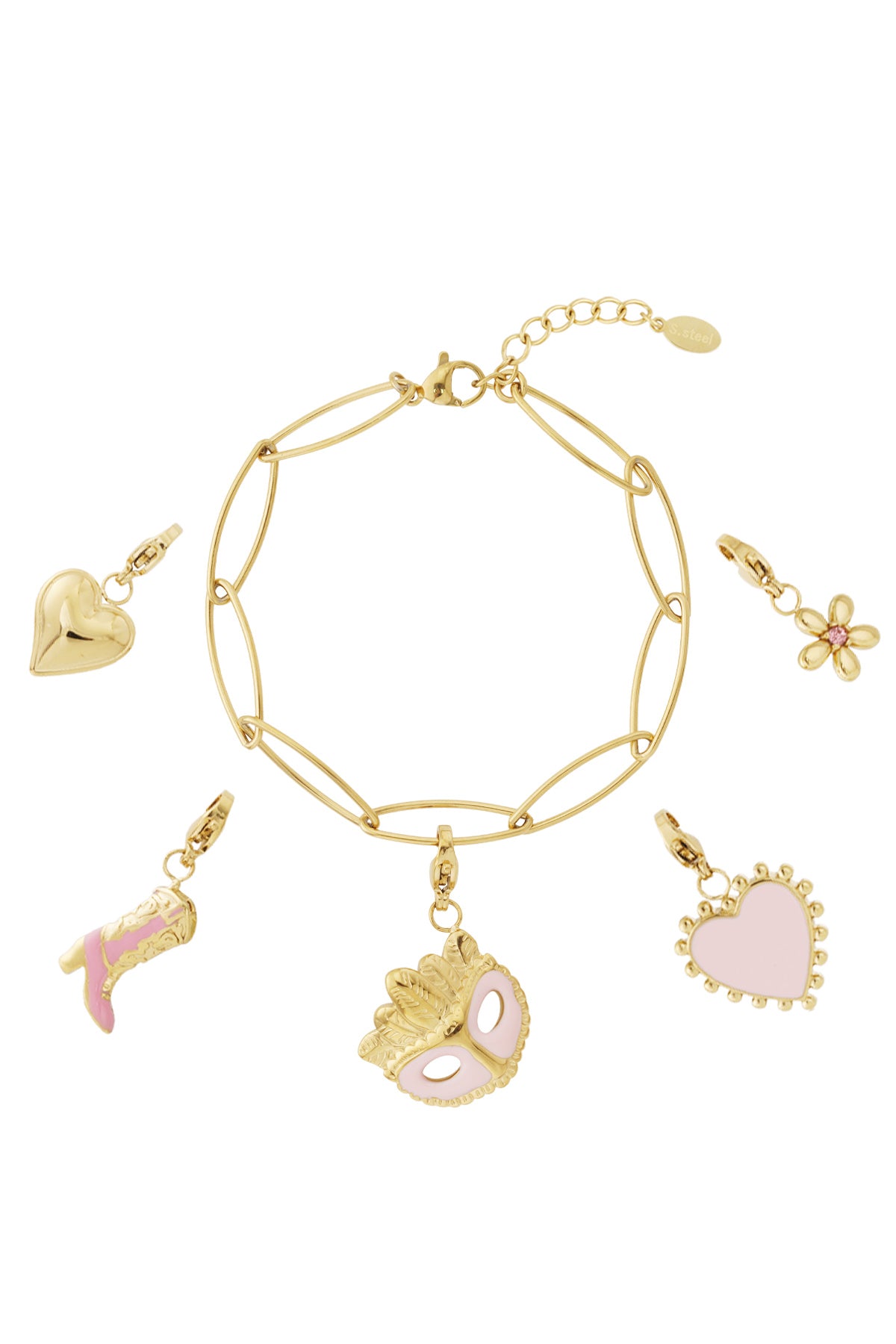Gold chain charm bracelet laid flat with five gold-plated charms including pink heart, flower, cowboy boot, and mask