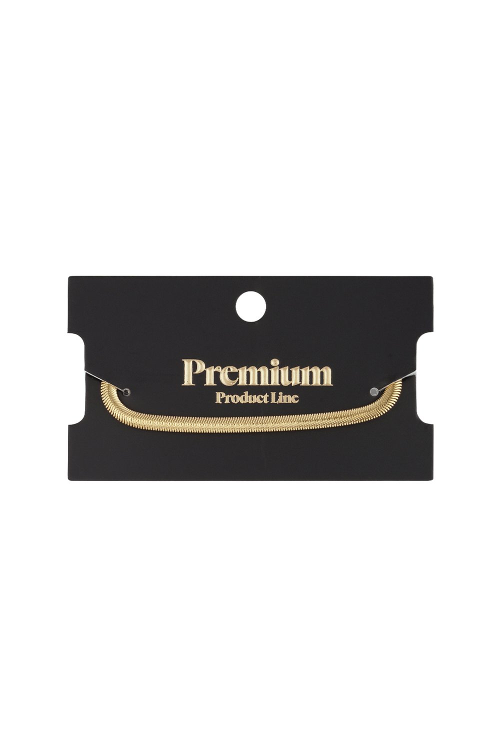 Sleek gold-toned flat herringbone chain bracelet displayed on a black "Premium Product Line" display card.