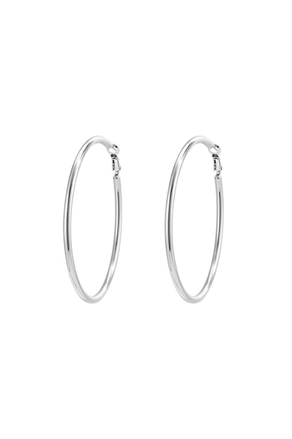 Silver hoop earrings showing elegant round shape and clasp detail