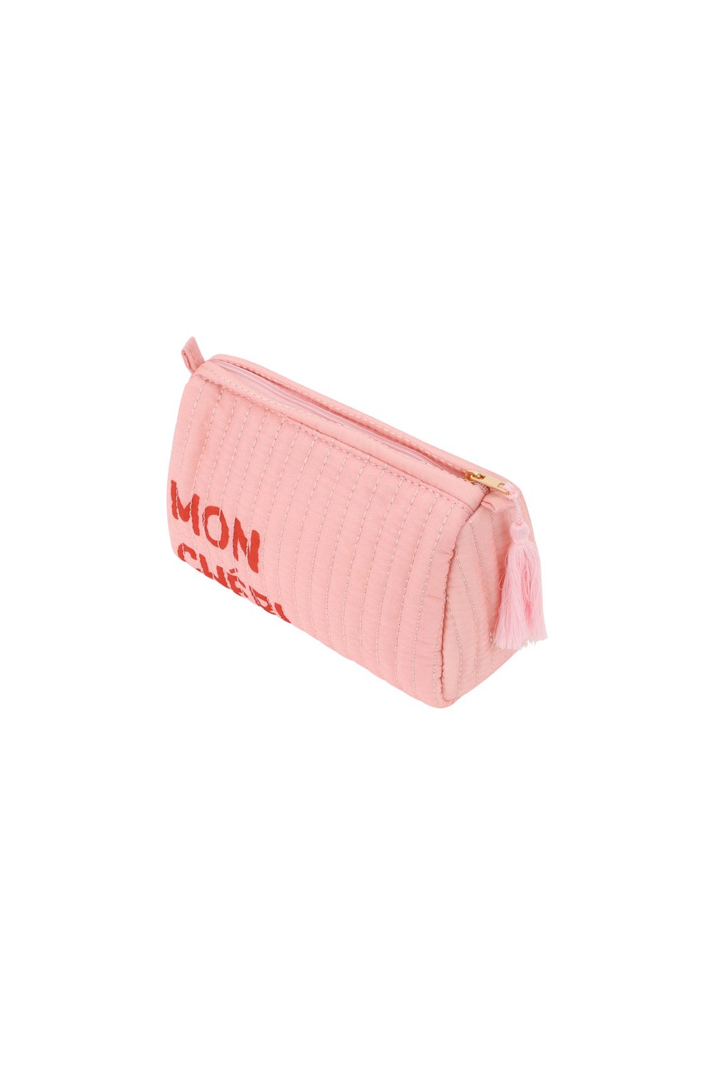 Pink quilted rectangular pouch with a pink tassel zipper pull and red "MON CHERI" text on the side.