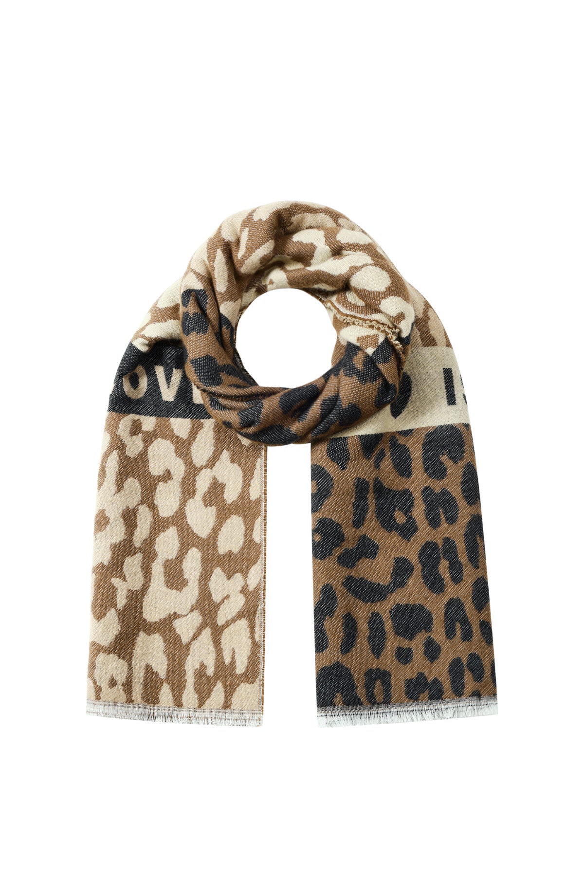Leopard print scarf in neutral shades folded in circular style showing bold 'LOVE' text band