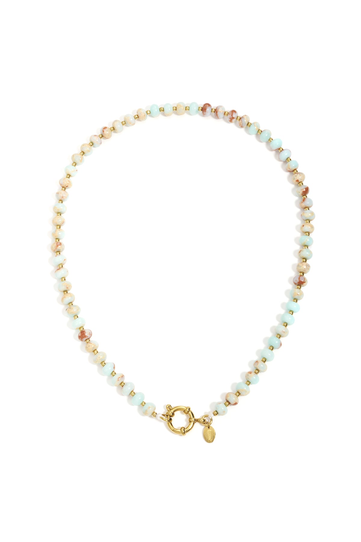 Beaded necklace with light blue and marbled stone beads, separated by small gold spacers, featuring a gold spring clasp.