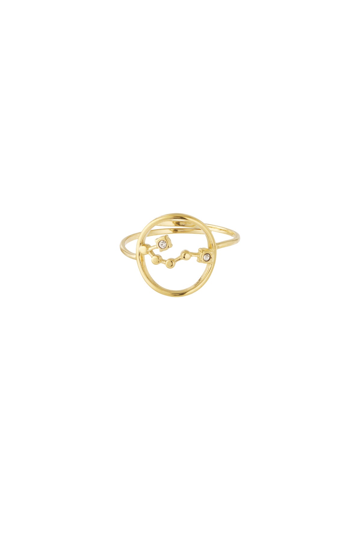 Front view of constellation ring with smooth gold plating and sparkling stones
