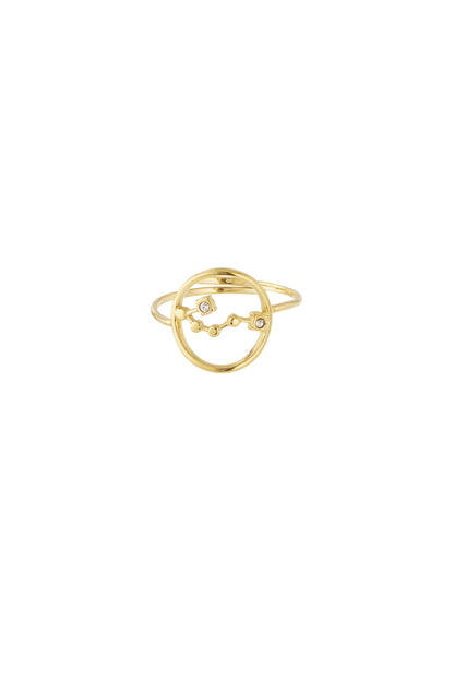 Front view of constellation ring with smooth gold plating and sparkling stones