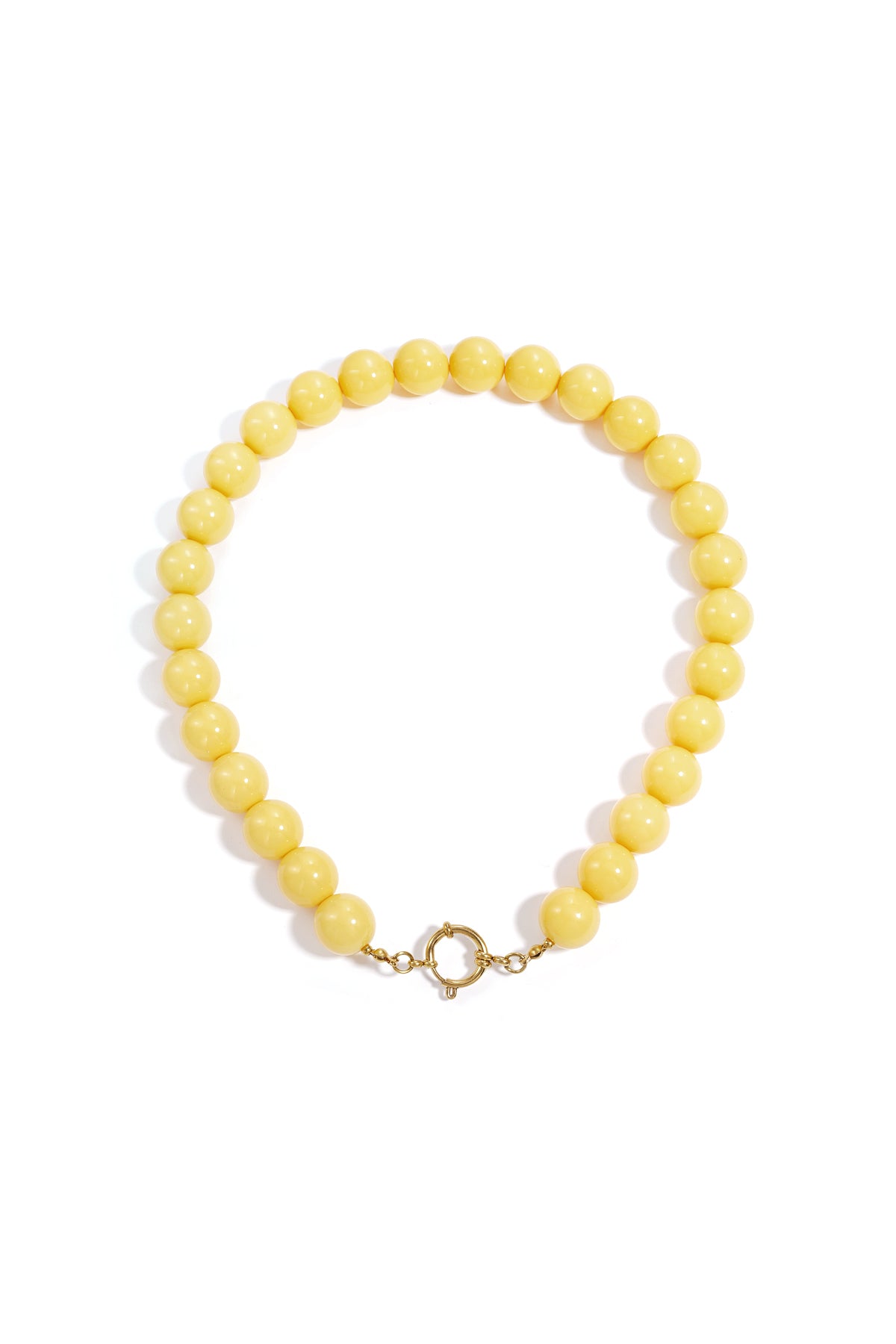 Chunky olive green resin beaded necklace with gold clasp on white background
