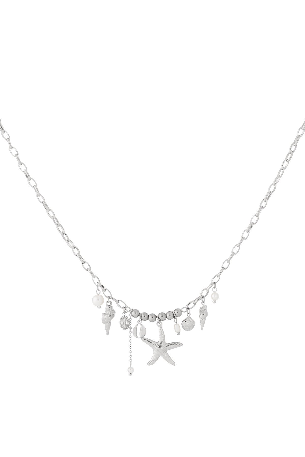 Silver-tone seaside charm necklace with starfish, shells, and pearl charms on delicate oval chain