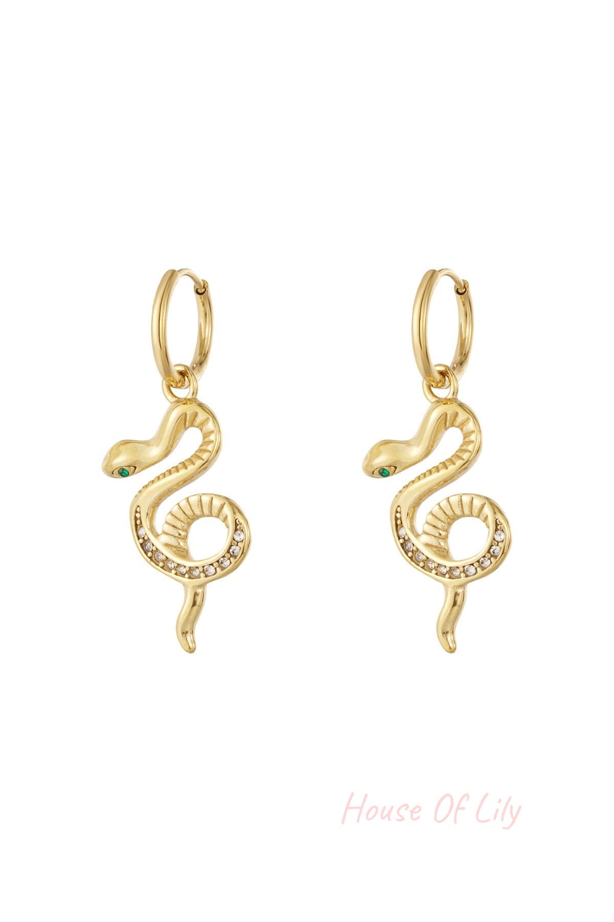 Pair of gold snake charm hoop earrings with rhinestone accents on a white background.