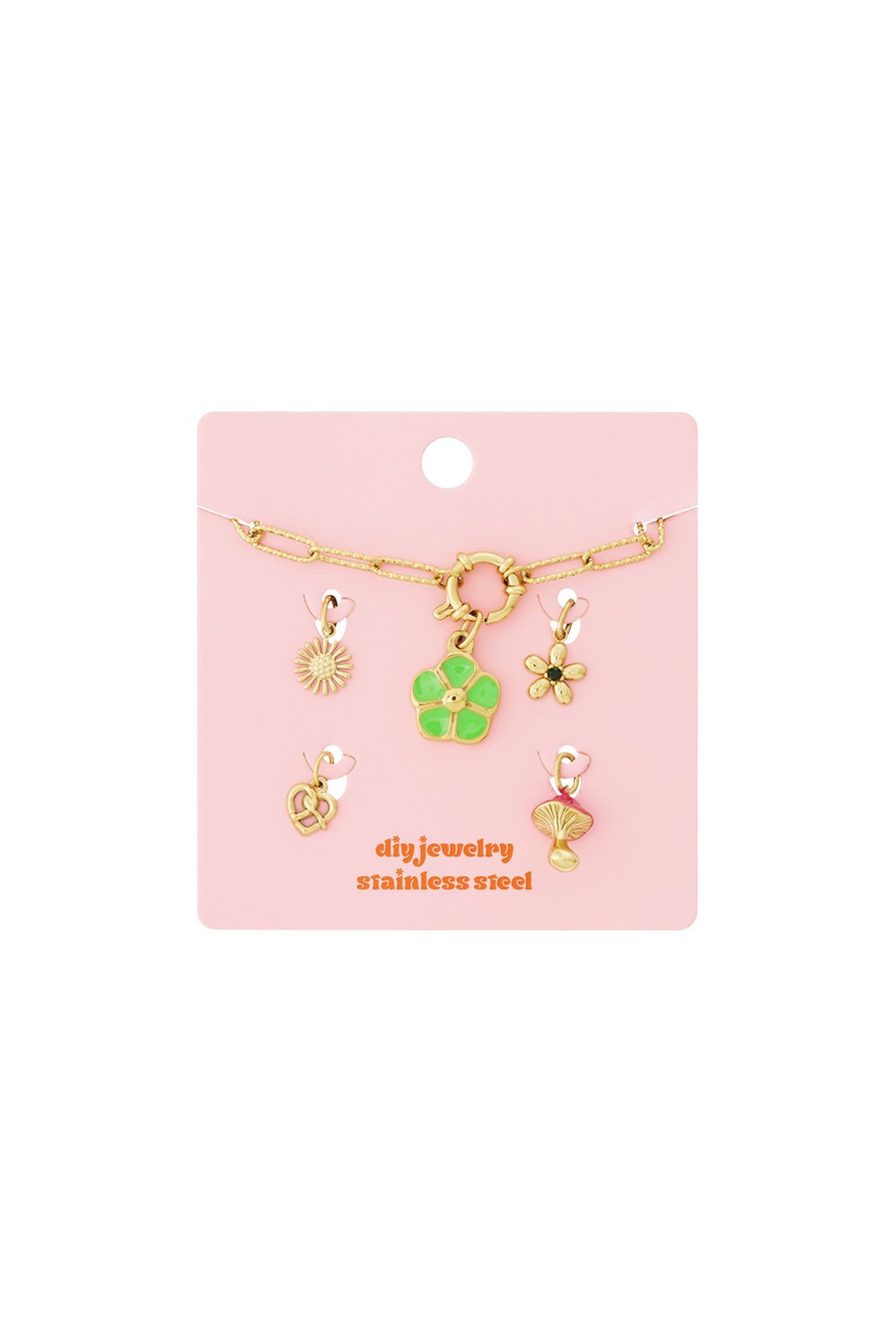 Gold-tone stainless steel DIY jewelry set with a chain and five charms: sun, green flower, small flower, pretzel, mushroom.