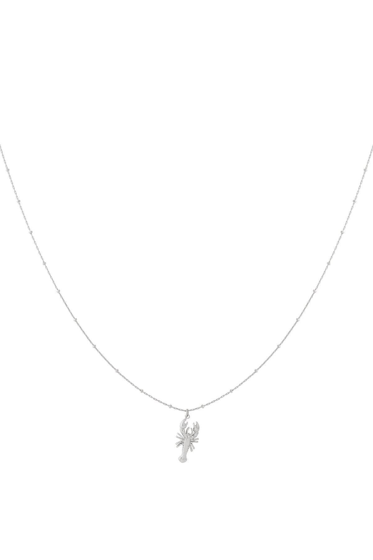 Silver delicate lobster pendant necklace on a thin beaded chain isolated on white background