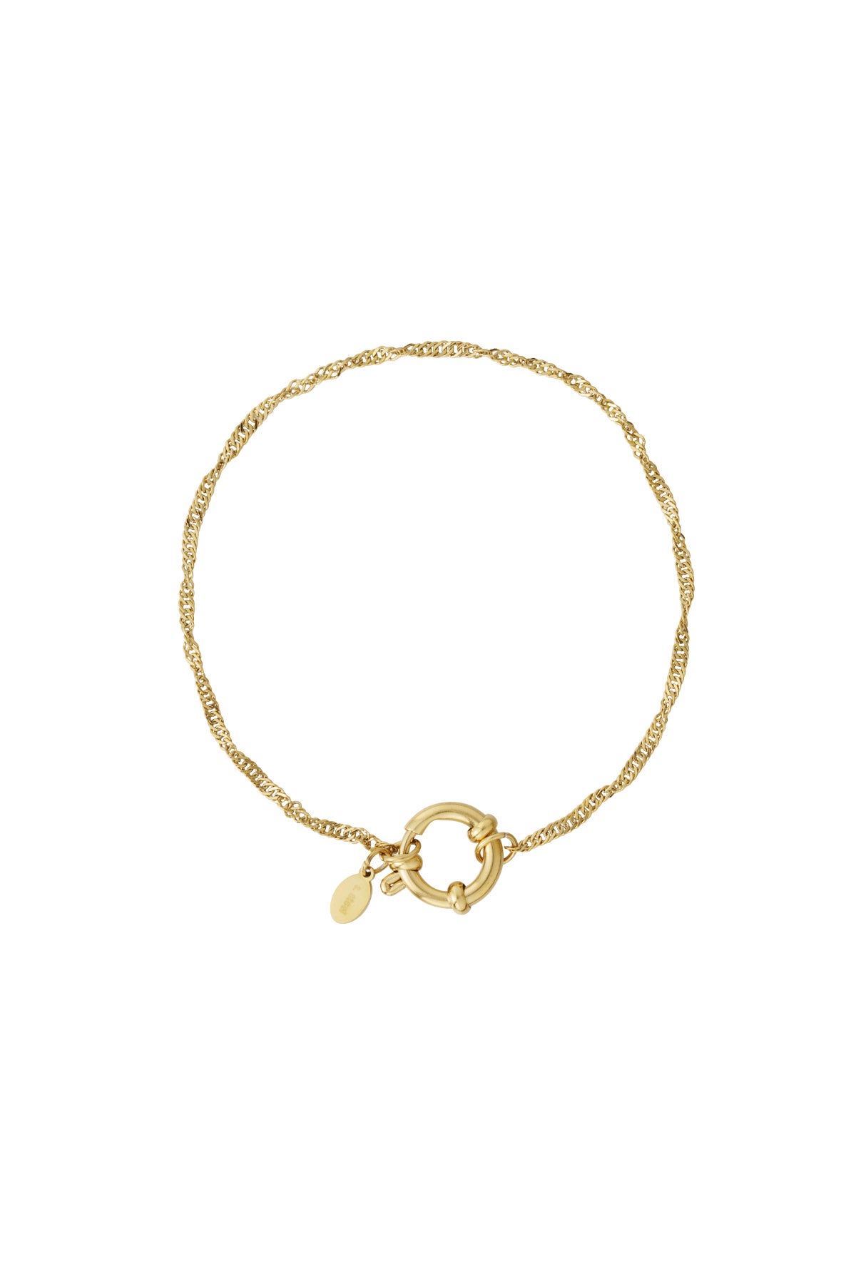 Gold twisted chain bracelet with round toggle clasp and small engraved charm on white background