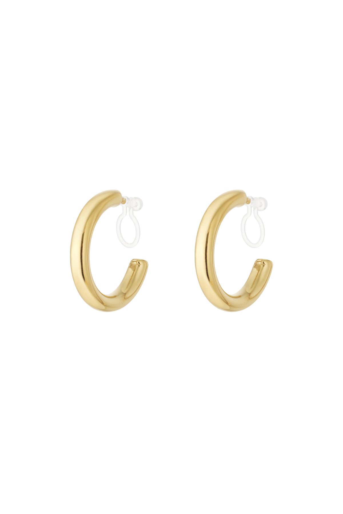 Pair of chunky gold clip-on hoop earrings with clear clip backs on white background