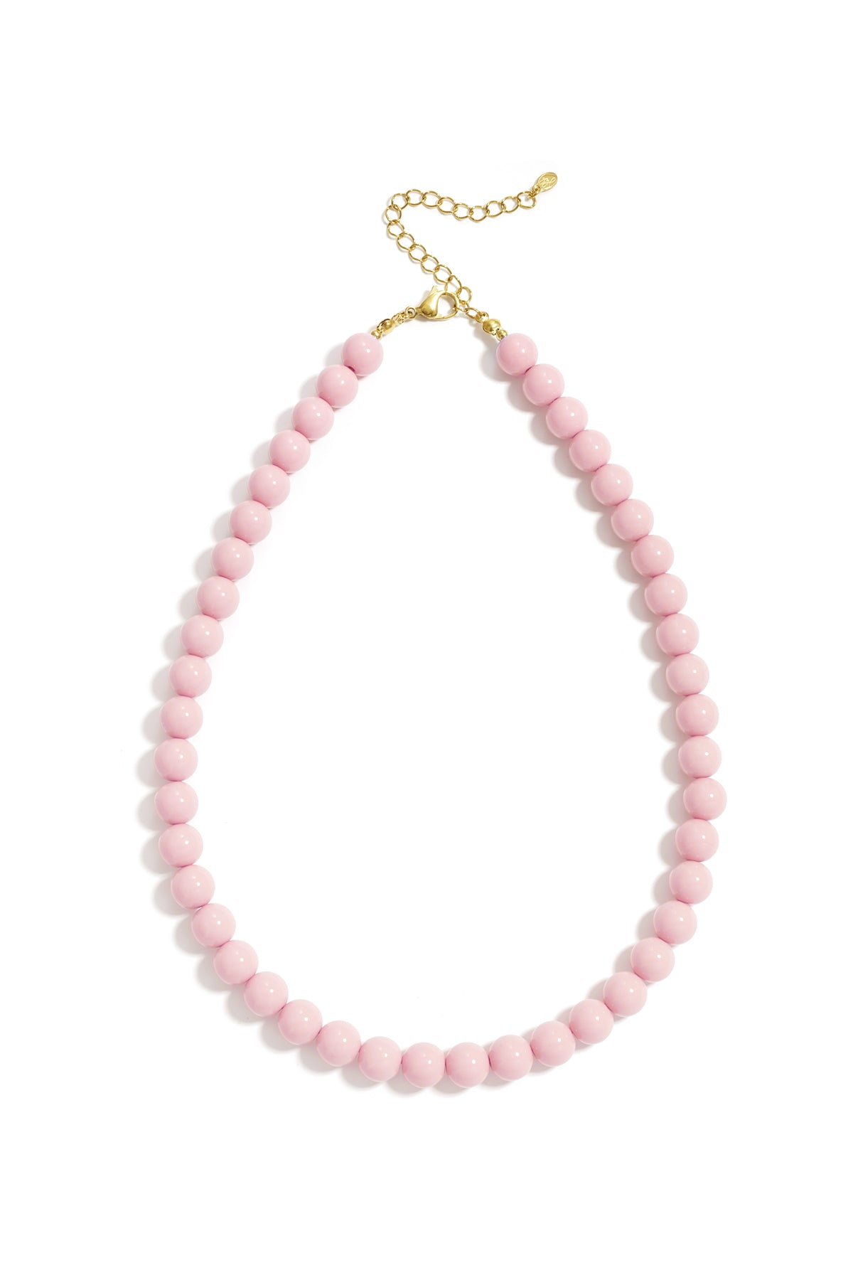 Light pink resin beaded necklace with a gold-tone metal clasp and adjustable chain extender, on a white background.