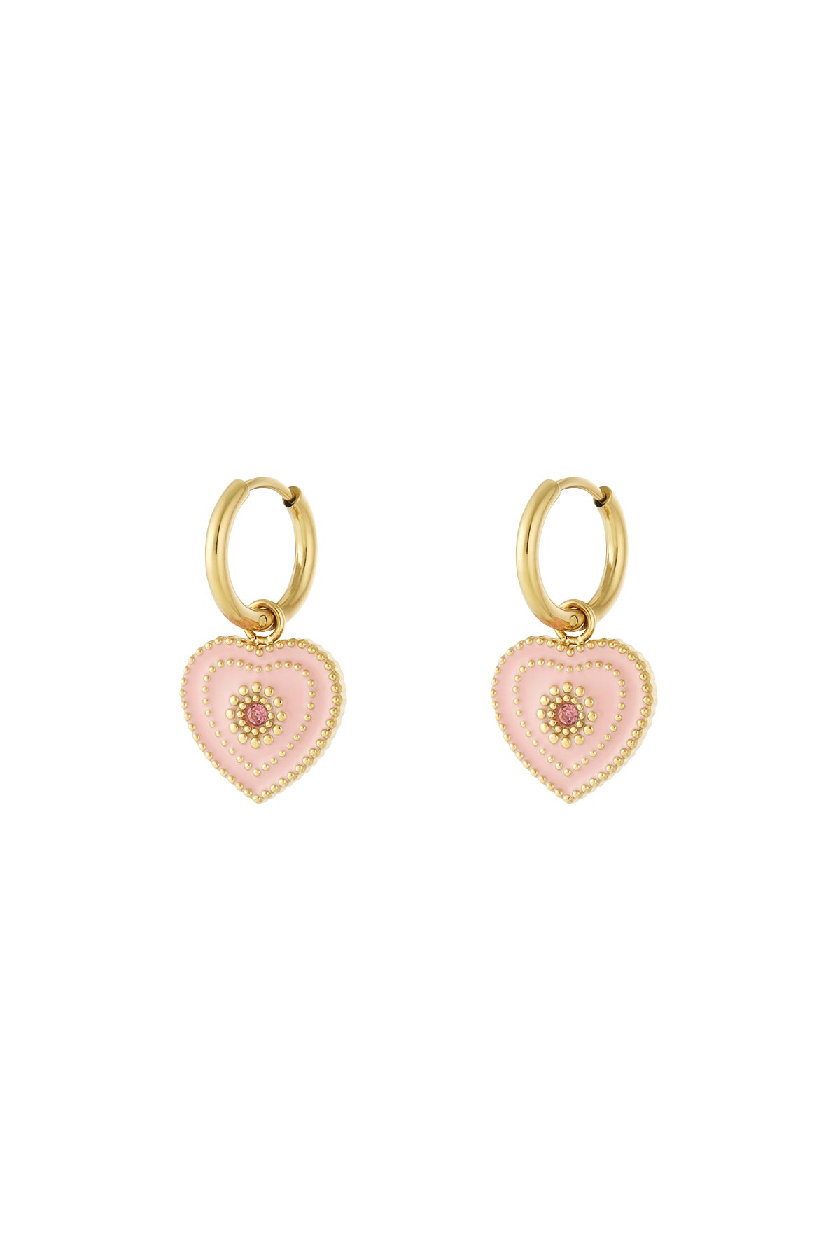 Pair of gold-tone hoop earrings with pink heart-shaped enamel charms featuring beaded border and central gemstones