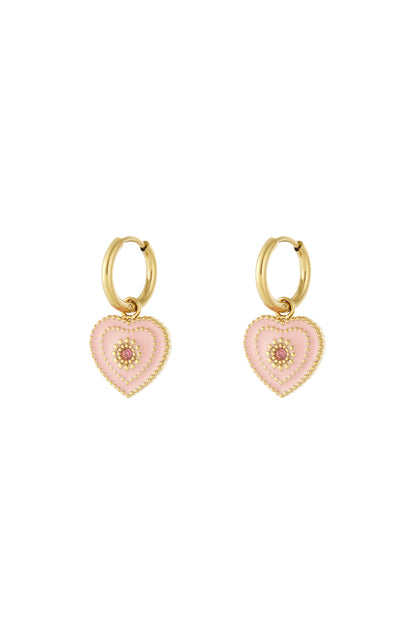 Pair of gold-tone hoop earrings with pink heart-shaped enamel charms featuring beaded border and central gemstones