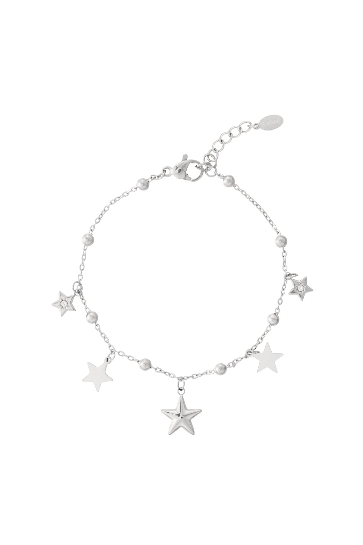 Silver star charm bracelet with star and bead charms displayed on a white background